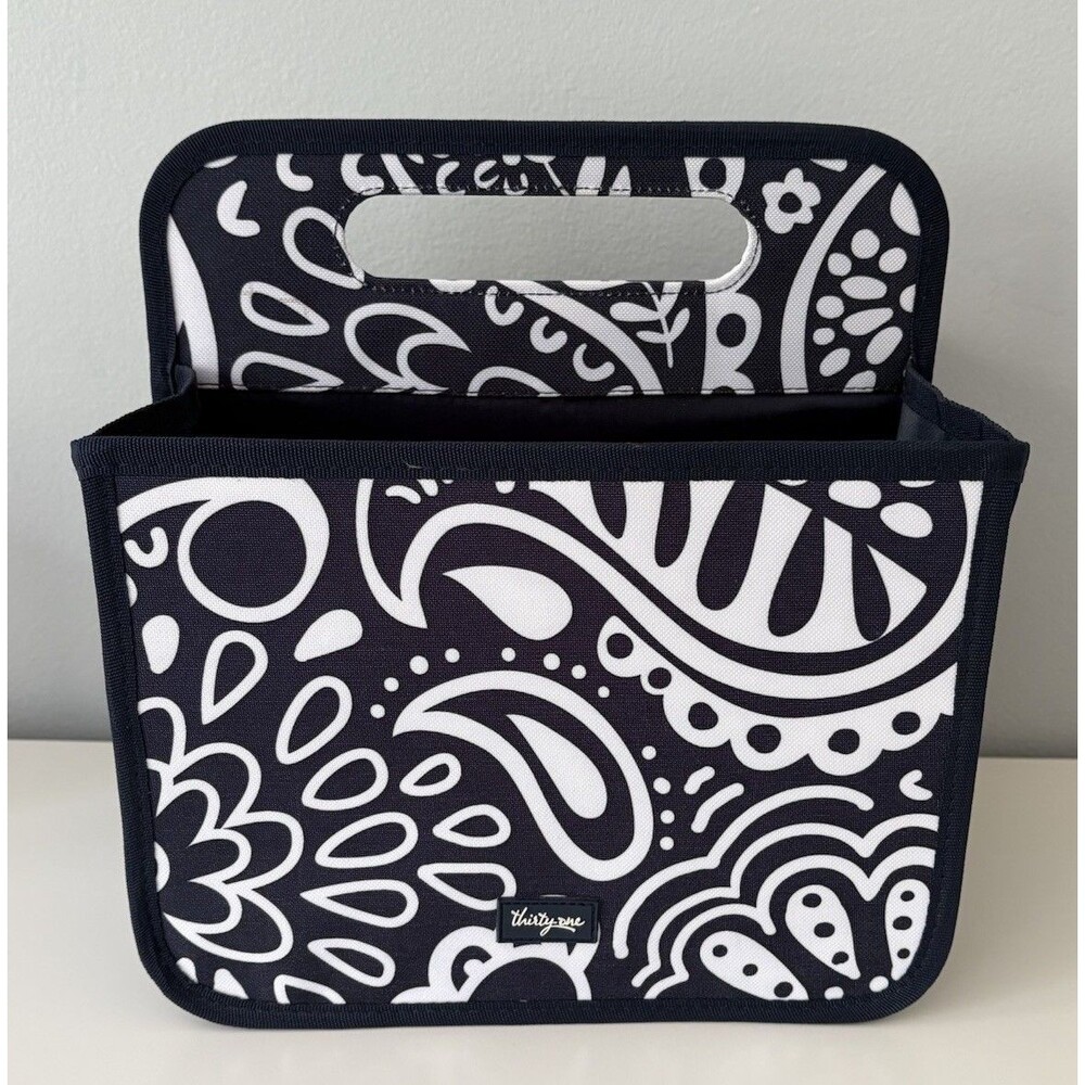Thirty One Double Duty Caddy Navy Blue and White Paisley Mesh Pockets Top Handle